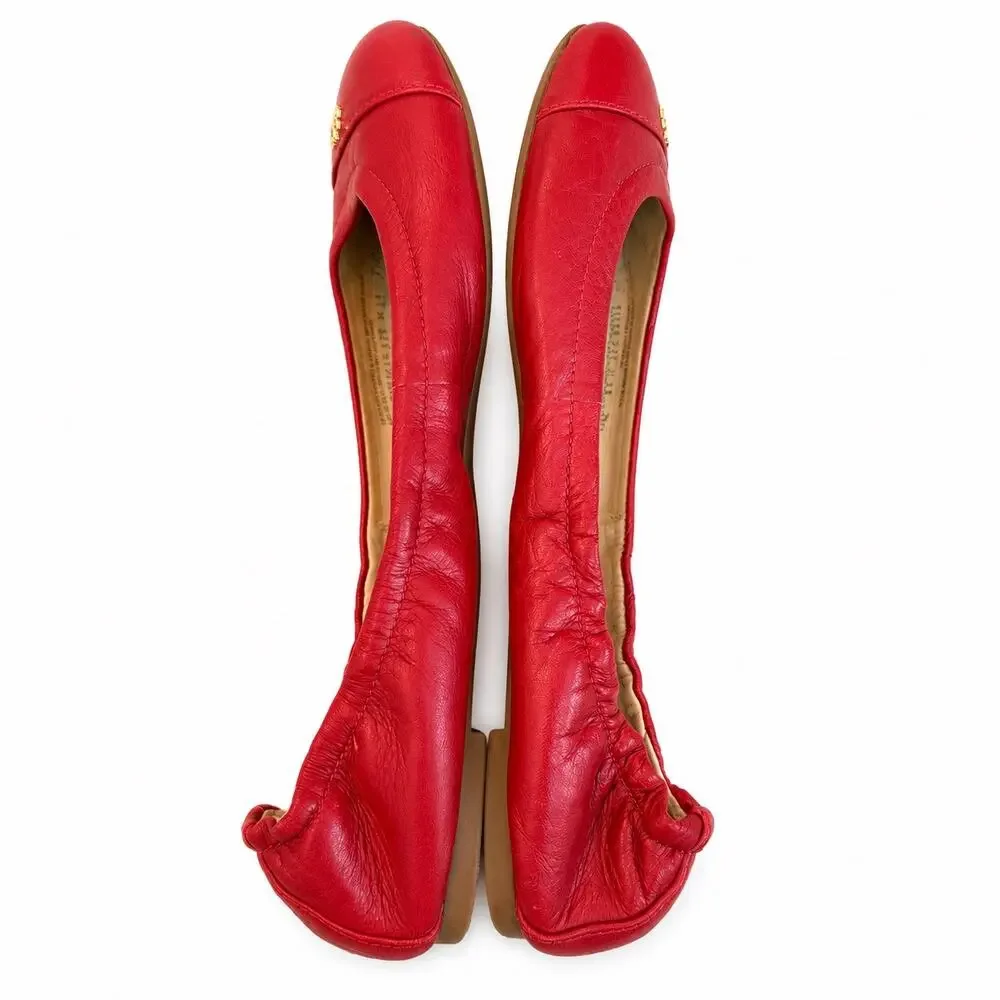 Tory Burch York Cap Toe Poppy Red Leather Ballet Flats Gold Logo Size 7.5